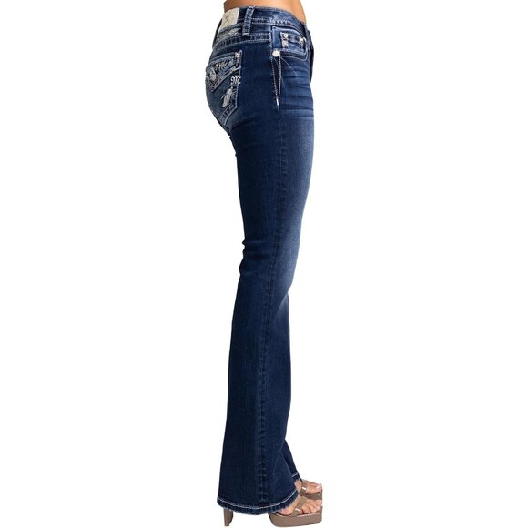 Women's Embellished Faux Flap Pockets Bootcut Jeans Mid-Rise Rhinestone Logo - Picture 3 of 4